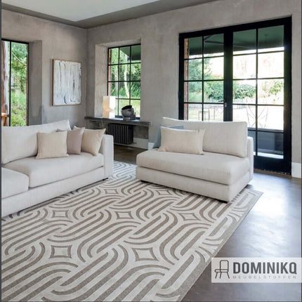 Modern woonkamer met stijlvol vloerkleed en elegante bankstellen, omringd door grote ramen.