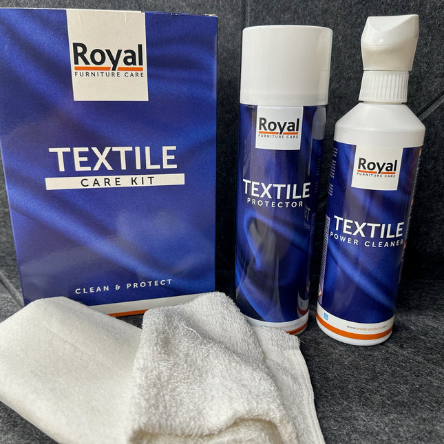 Textile Care Kit 500 ml by Royal Furniture Care with textile protector, cleaner, washcloth, and cloth for optimal fabric protection.