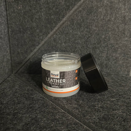 Leather Cream & Care 180 ml jar on dark background, Royal Furniture Care brand