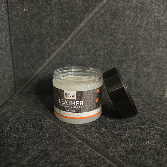 Leather Cream & Care 180 ml jar on dark background, Royal Furniture Care brand