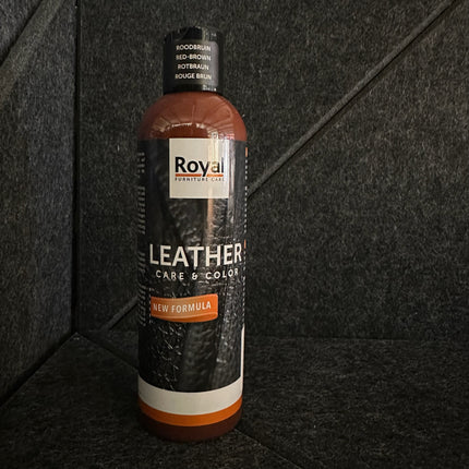 Bottle of Leather Care & Color Lederwas - 250 ml by Royal Furniture Care on dark background