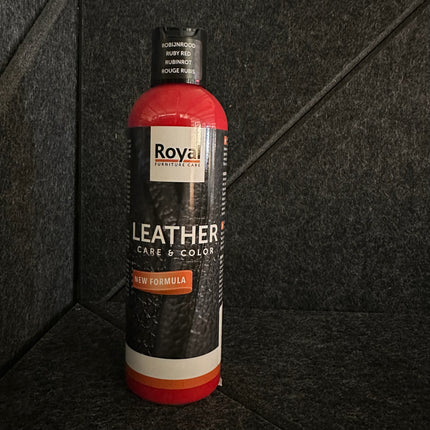 Bottle of Leather Care & Color Lederwas - 250 ml by Royal Furniture Care on dark background.