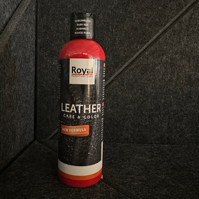 Bottle of Leather Care & Color Lederwas - 250 ml by Royal Furniture Care on dark background.