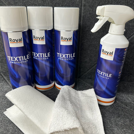 Textile Care Kit XL - 500 ml by Royal Furniture Care with textile protectors, cleaner spray, and cleaning cloths.