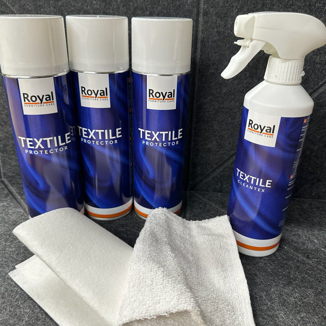Textile Care Kit XL - 500 ml by Royal Furniture Care with textile protectors, cleaner spray, and cleaning cloths.