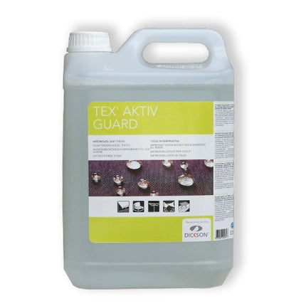 Tex'Aktiv Guard 5L fles, waterafstotende behandeling voor outdoor stoffen, versterkt waterdichtheid en herstelt glans.