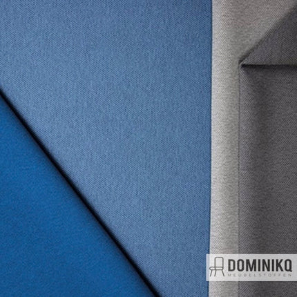 Camira Fabrics Era collectie meubelstoffen in blauw en grijs, tweekleurig polyester met stretch, visgraat textuur.