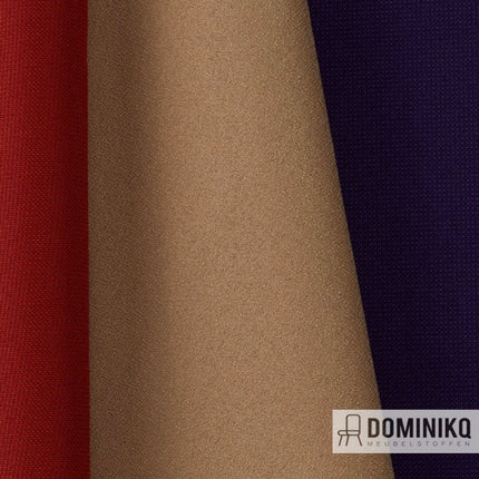 Three stalen of Camira Intervene furniture fabric in red, beige and blue for intensively used areas such as waiting roomsamers and nursing homes.