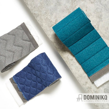 Stalen van Camira Fabrics - Synergy Quilt Hourglass stoffen in verschillende kleuren, met gewatteerd woloppervlak en schuimvulling.