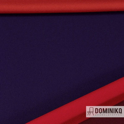 Camira Fabrics Urban YN079 Congrestion meubelstof met gestileerd stadsdesign in paarse en rode kleuren.
