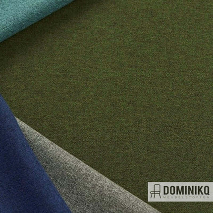 Camira Fabrics X2 AK017 stoffen in groen, blauw en grijs gerecycled polyester, met bouclé-achtige textuur.