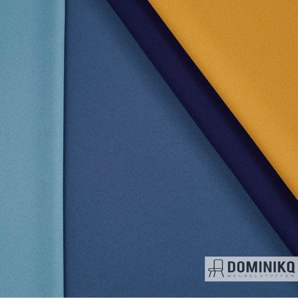Diverse kleuren Camira Xtreme stoffen waaronder blauw en geel, gerecycled polyester met crêpe textuur. Merk Dominikq.