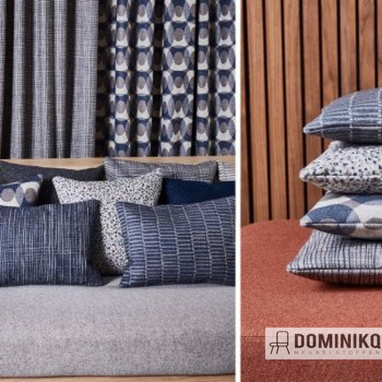 Gestapelde kussens en gordijnen in verschillende patronen van Camira Patternmaker Hula PMH04, luxe en duurzame interieurstoffen.