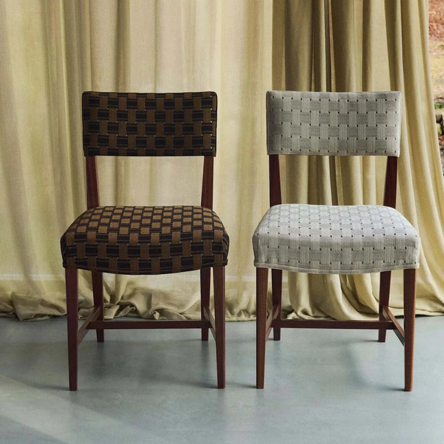 Kvadrat - Sahco - Zade - 120 fabric on two chairs with geometric viscose design, inspired by Franz West's Uncle chairs from the 1980s.