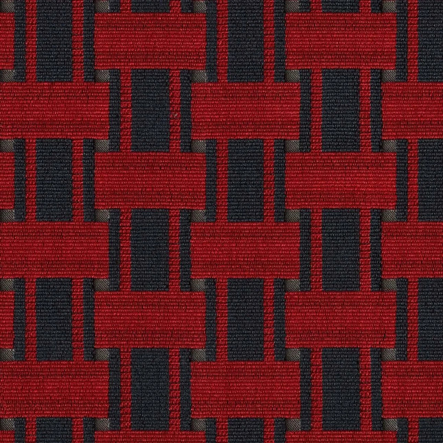 Kvadrat - Sahco - Zade - 570 fabric, geometric design with black and red woven pattern for upholstery, inspired by 80s artistic styles.