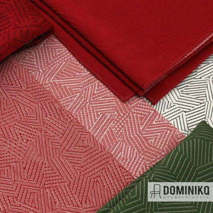 Razzle Dazzle stof, gebreide patronen in rood, groen en wit, ideaal voor brede meubels. Inspiratie uit camouflagetechniek.