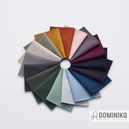 Kleurrijke selectie van Kvadrat Febrik Plecto meubelstoffen, sportief en innovatief gebreid textiel met wollen oppervlakte.