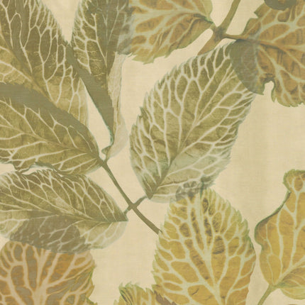 Hortus gordijnstof met bladpatroon, transparant, 100% vlamvertragend polyester, verfijnde uitstraling voor interieur. Vanaf 5m 10% korting.