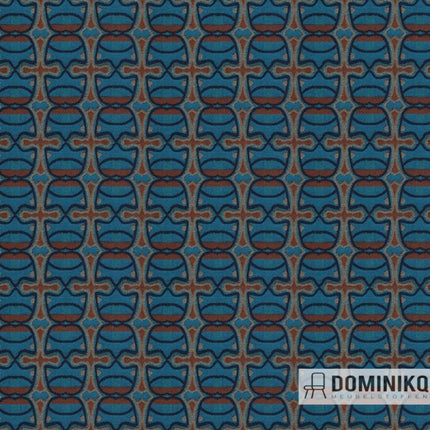 Artistieke stofontwerp 'Solo' van Keymer, ontworpen door Christie van der Haak, in blauw en bruin patroon.