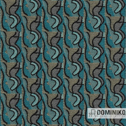 Artistieke stof Solo van Keymer met abstract patroon in blauwe en grijze tinten, ontworpen door Christie van der Haak.