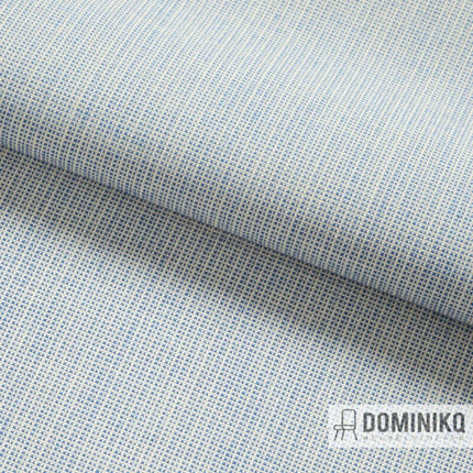 Blauw-witte wollen stof Naveli van Kvadrat, brandvertragend en modernistisch design, verkrijgbaar in 24 kleuren.