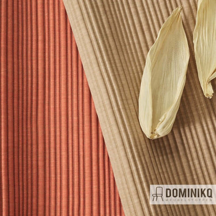 Driedimensionale geribbelde meubelstof ontworpen door Marc Thorpe, geïnspireerd door maïskolven, in rode en bruine tinten.