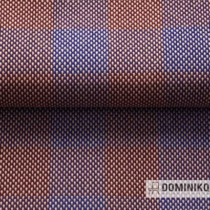 Steelcut Beat 175 stof van Kvadrat met geometrisch patroon in bruine en blauwe tinten, ideaal voor stijlvol interieurontwerp.