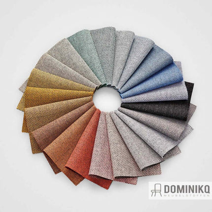 Een kleurenpalet van Kvadrat Re-wool 2 bekledingsstof, ontworpen door Margrethe Odgaard, met gerecyclede wol en duurzaamheid.