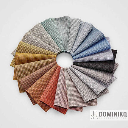 Re-wool 2 stofstaal in diverse kleuren van Kvadrat, ontworpen door Margrethe Odgaard, met gerecycled wol en duurzame eigenschappen.