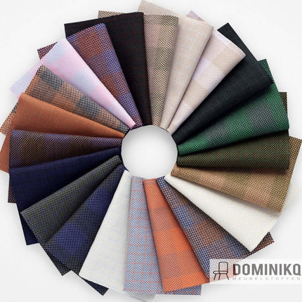 Steelcut Beat stofstalen in diverse kleuren, cirkelvormig uitgestald voor interieurinspiratie.