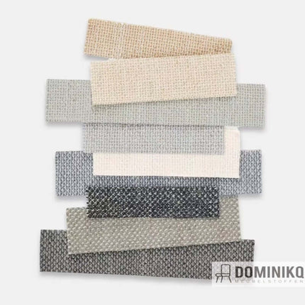 Stapel van acht stofstalen in diverse kleuren benadrukt rijke textuur en veelzijdigheid van Kvadrat Raf Simons Sunniva 3 collectie.