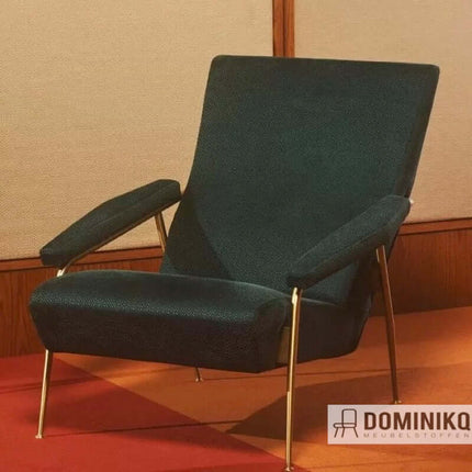 Groene fauteuil met Kvadrat Sahco Jade stof, onregelmatig en levendig patroon, zachte chenille en glanzend polyester, moderne uitstraling.