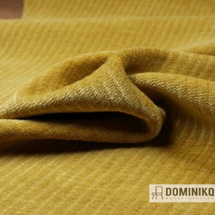 Gele Nabis twill stof van Sahco met chenille garen in diagonale streep, zacht aanvoelend met eigenwijze uitstraling. Beschikbaar in 23 tinten.