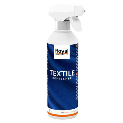 Royal Furniture Care Textielverfrisser Spray 500ml voor het verwijderen van geuren uit textiel, productfoto in blauwe fles.
