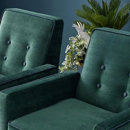 Green armchair featuring Kvadrat - Sahco - Duke - 14 fabric with fine acrylic-mix sheen and horizontal stripe texture.