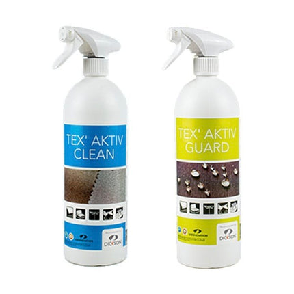 Twee flessen Tex'Aktiv Clean en Guard voor outdoor stoffen onderhoud, geschikt voor parasols en ligbedden.