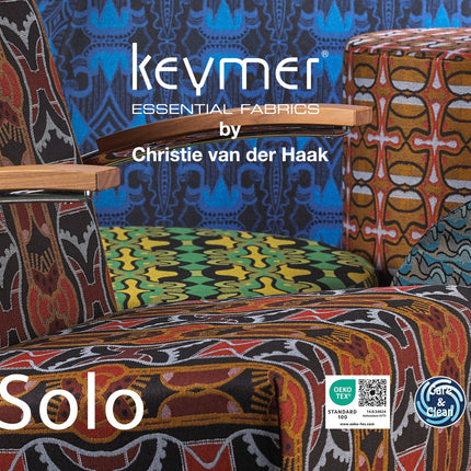 Artistieke stofontwerpen Solo van Keymer ontworpen door Christie van der Haak, kleurrijke patronen op stoffering in verschillende motieven.