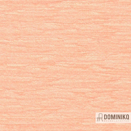Chenille stof in perzik kleur van Vyva Fabrics, Extex Mull EM19, luxe en onderhoudsvriendelijk, met REACH-label, zonder ftalaten.