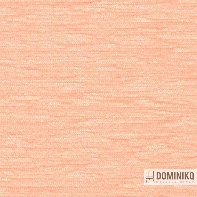 Chenille stof in perzik kleur van Vyva Fabrics, Extex Mull EM19, luxe en onderhoudsvriendelijk, met REACH-label, zonder ftalaten.