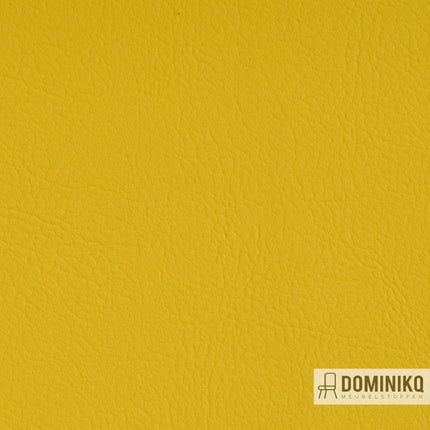 Luxueus geel kunstleer Valencia van Vyva Fabrics, verfijnde textuur ideaal voor interieurtoepassingen, hoge slijtvastheid.