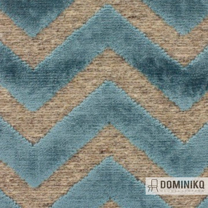 Turquoise jacquard velours stof van Aristide Central Park collectie met wol en katoen blend, brandvertragend en duurzaam.