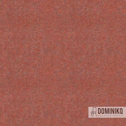 Rode Camira Fabrics Synergy 170 meubelstof, geschikt voor grote verticale panelen, geëtiketteerd met Dominiq logo.