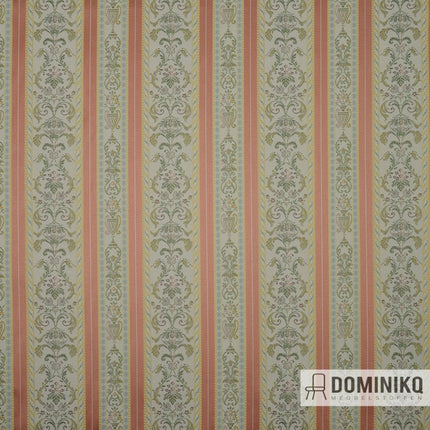 Rivoli meubelstof van Casal met versierde strepen, geweven uit katoen en polyester, in roze tinten. Klassieke Versailles-stijl.