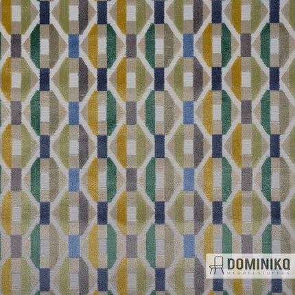 Grafisch geometrisch patroon van Casal Bobino in frisse kleuren. Geschikt voor meubels en gordijnen. Rayon, polyester, katoen.