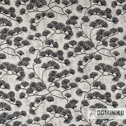 Stofpatroon met bonsaiboomprint in zwart-wit, vervaardigd uit slijtvaste Casal Canoas woonstof, geschikt voor sfeervol interieur.