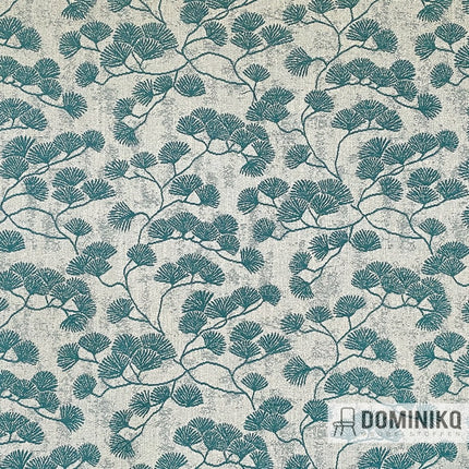 Casal Canoas 12 Turquoise woonstof met bonsaiboom print, romantisch en dromerig design, vervaardigd uit polyester en katoen.