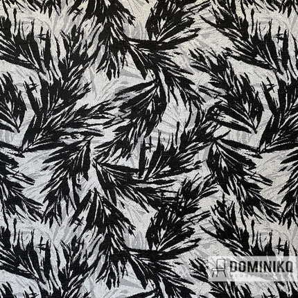 Montero stof met tropische palmbladeren print, geschikt voor grote oppervlakken stofferen, gemaakt van polyester en katoen.