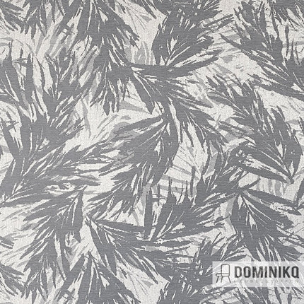 Tropische palmblad patroonstof van de Casal Montero collectie, geschikt voor grote oppervlaktes, in grijstinten.