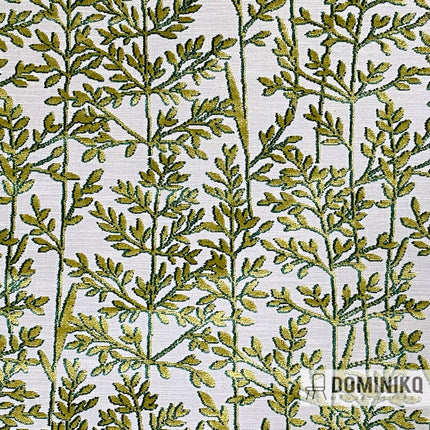 Stofontwerp Silva van Casal met groene blaadjes op wit canvas, herhaling elke 46,3 cm bij 35 cm, geschikt voor decoratie en gordijnen.