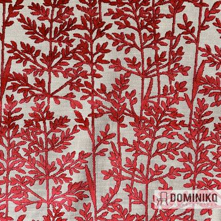 Casal Silva vermillon stof met rode blaadjesprint op wit canvas, geschikt voor decoratie, meubels en gordijnen.